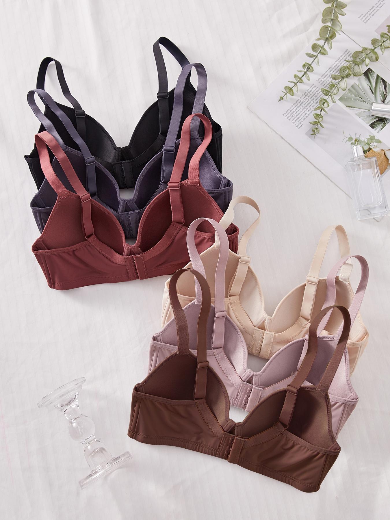 6 Piece Sexy Comfortable Push-Up Bra Set, Pure Color Medium Steel Support Women's Underwear, Fitted Lined Buckle Everyday Bras for All Seasons