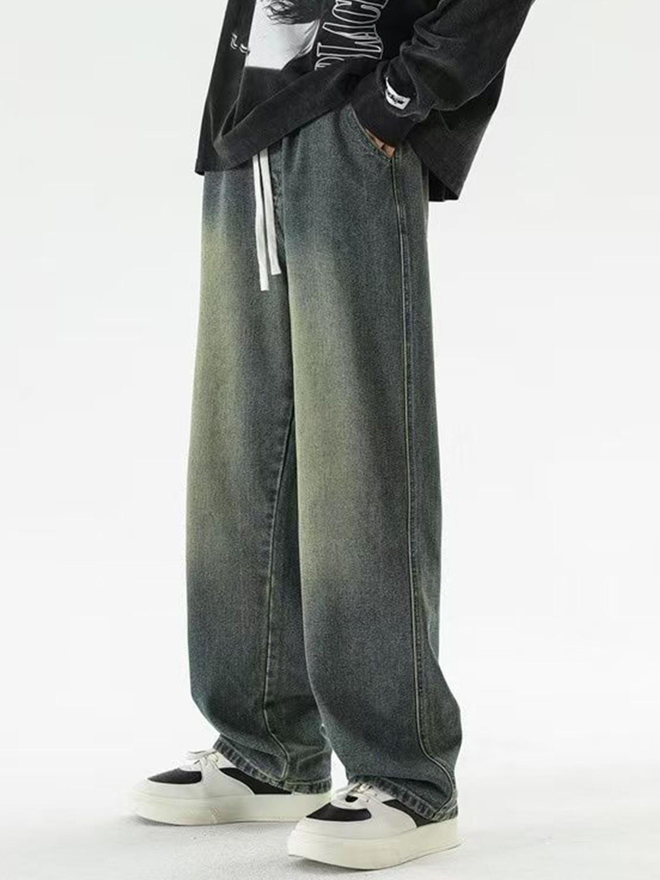 Men’s Charcoal Gray Washed Jacquard Jeans with Drawstring Waist, Baggy Wide Leg Casual Streetwear Denim Pants