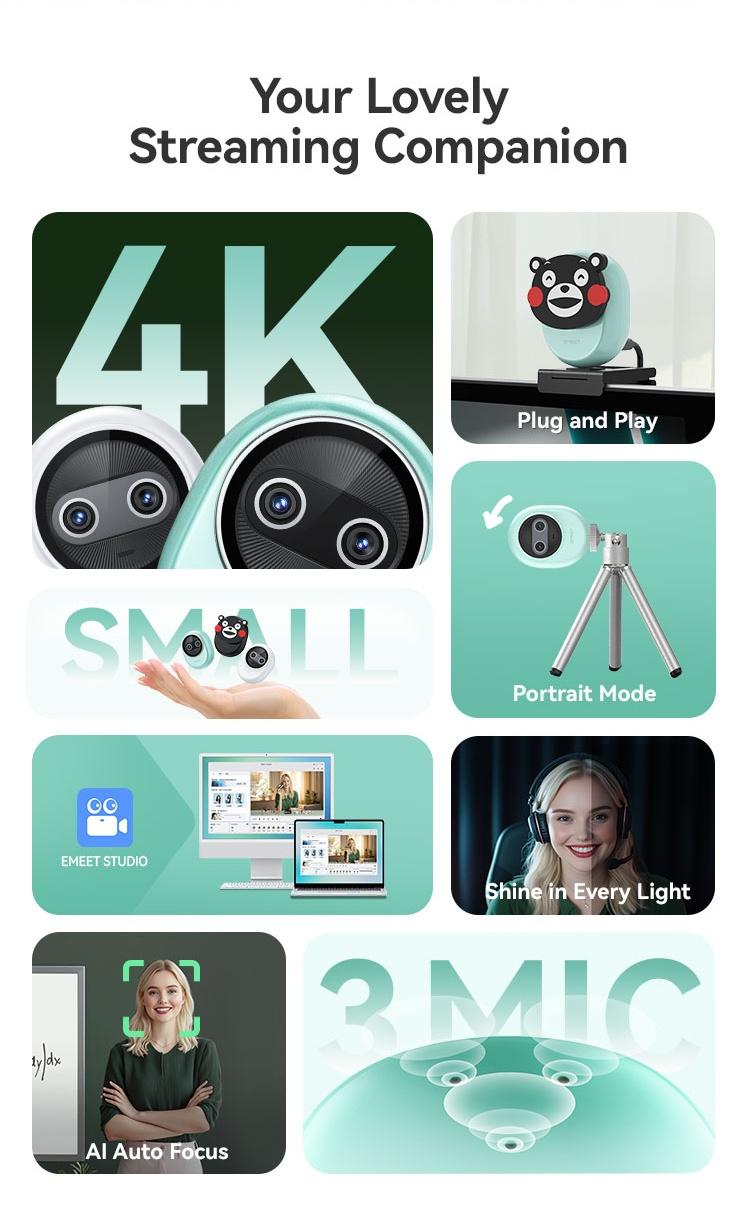EMEET Piko Dual-Camera AI-Powered 4K Webcam for Switch 2 camera, AI-Assisted Lens Light Correction, Auto Focus, 1080@60 FPS, Built-in 3 Mics, Great for Streaming, Desk Setup and Creative Gifts, TikTokShopBlackFriday