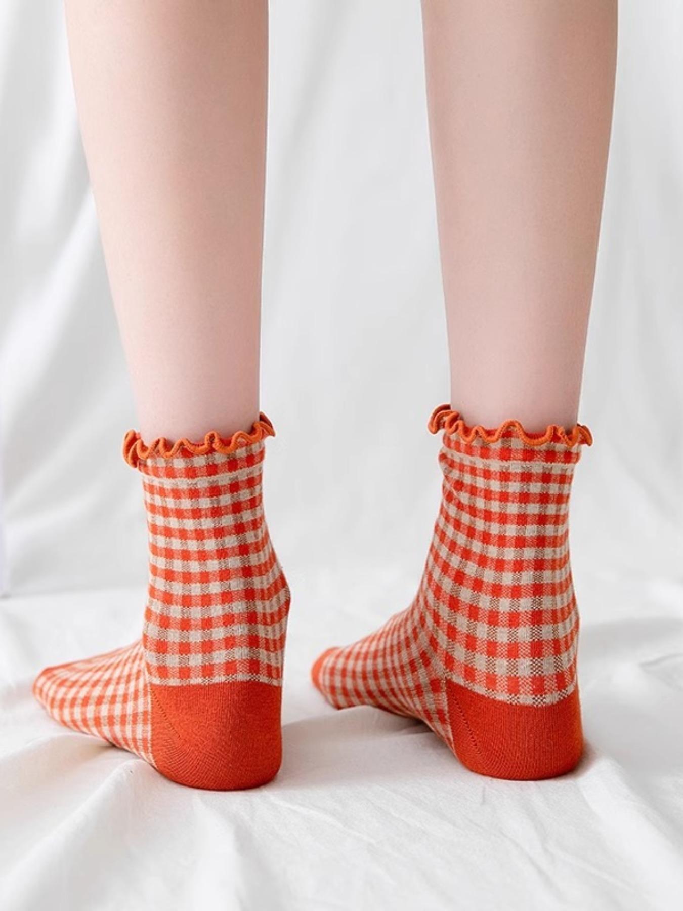 Women's Gingham Pattern Fitted Socks, Casual Crew Socks, Plaid, Casual Everyday Wear, All-Season Comfortable Design, Perfect for Women & Girls, Womenswear