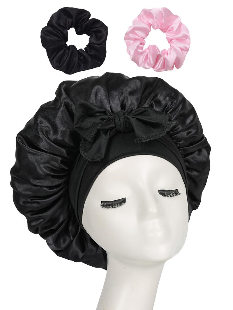 Women's Satin Bonnet with Tie, Soft Breathable Sleep Cap, Fashionable Plain Color, Comfortable Hair Protection Hat + 2 Silk Hair Ties
