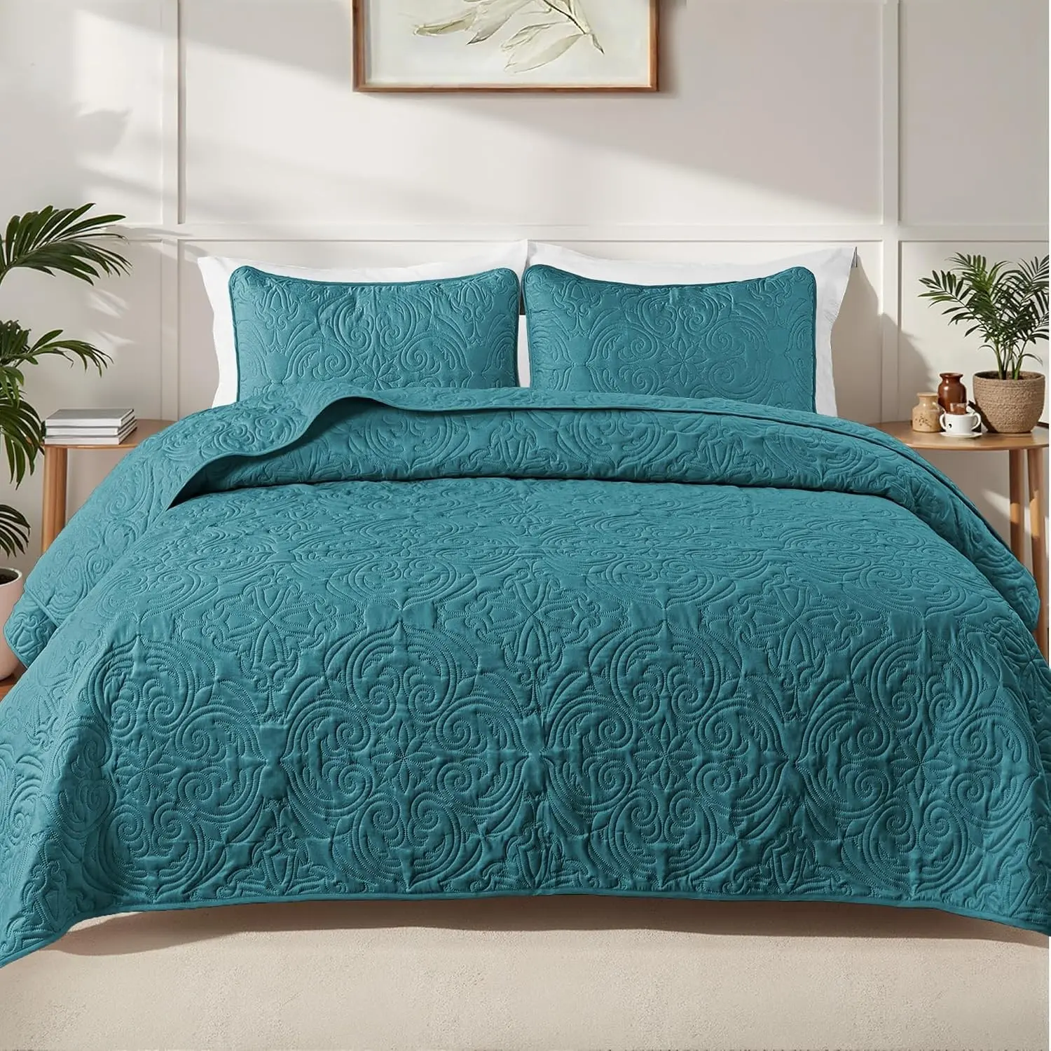 Quilts Queen Size Bedding Set with 2 Pillow Shams, Lightweight Dusty Teal Full Queen Quilt Bedspread with Vintage Damask Pattern, Soft Bedspreads Coverlets for All Seasons