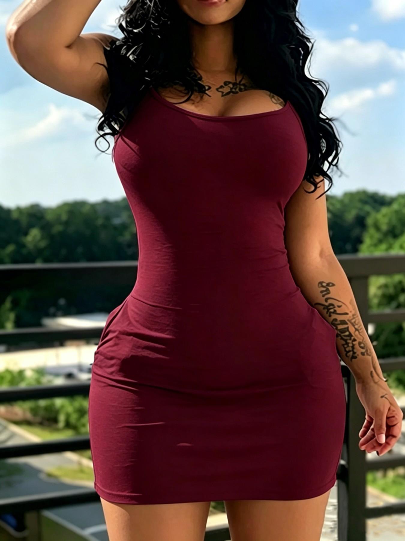 Adjustable Strap Bodycon Dress, Sexy Plain Color Short Dress, Slim-Fitting Casual Dress, No Pockets, Spring & Fall Fashion, Casual Wear