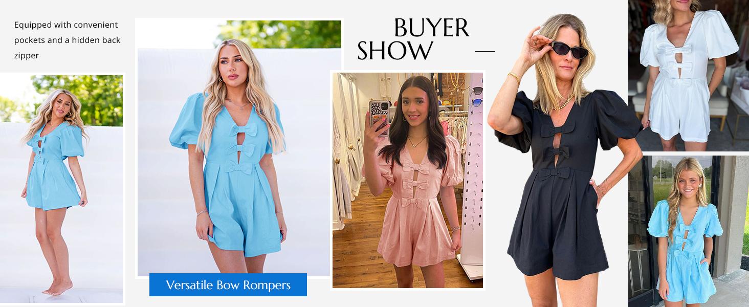 【BOGO 50% Off 】Cicy Bell Womens Cute Rompers Bow Front Puff Sleeve V Neck Short Jumpsuits Sexy Summer Outfits with Pockets