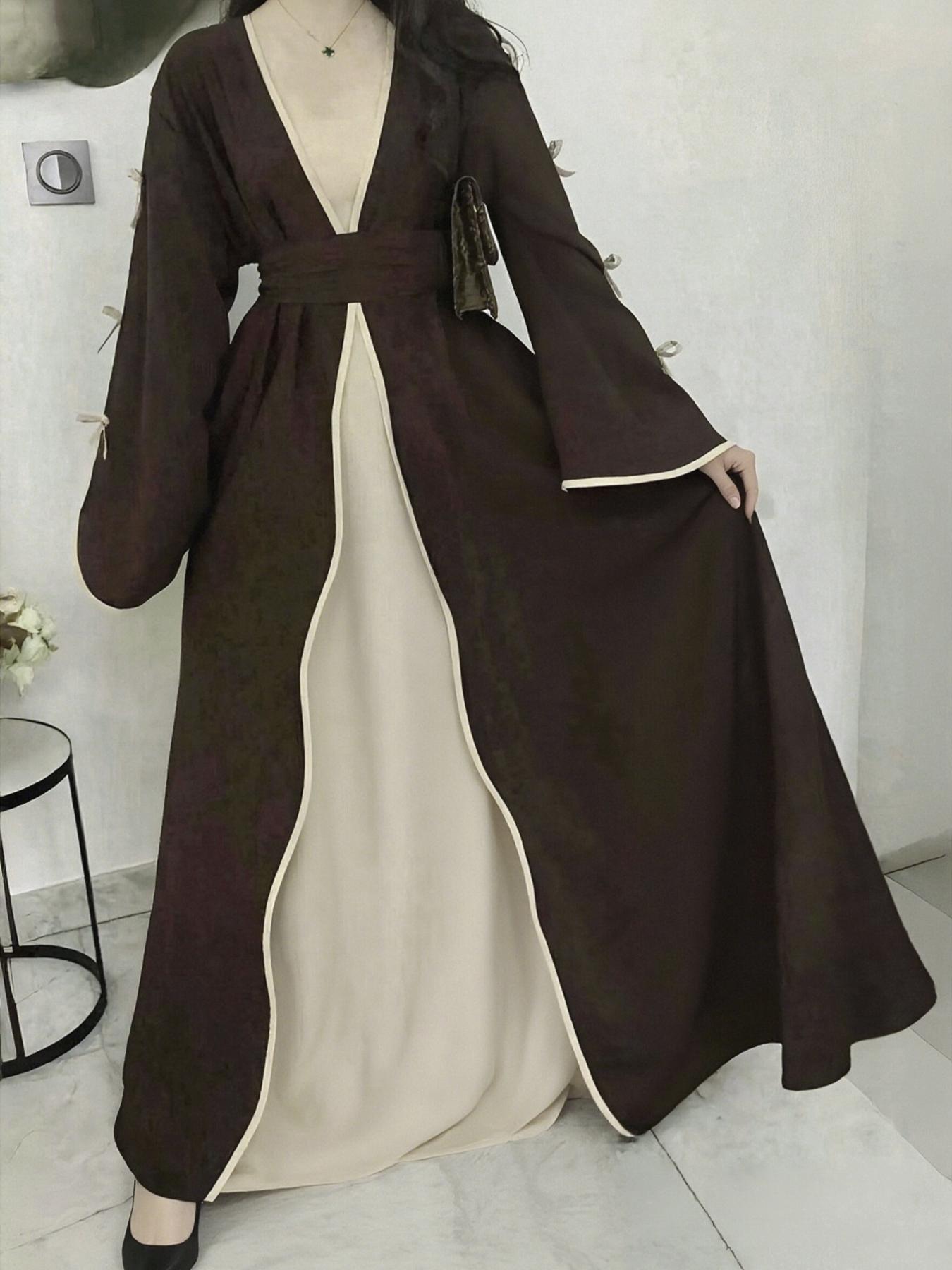 Women's Islamic Clothing Plus Size Dresses, muslims open abayas  Elegant Bow Design Bow Accent Long Dress, Soft Comfortable Casual Outerwear with Waist Belt Included, Spring & Fall Fashion