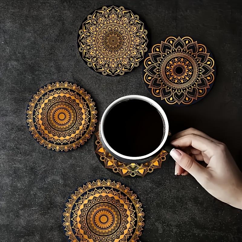 8-Piece Golden Mandala Wooden Coasters - Absorbent and Durable, Ideal for Coffee, Tea, and Beverages | Perfect Home and Restaurant Decor | Ideal Graduation Gift