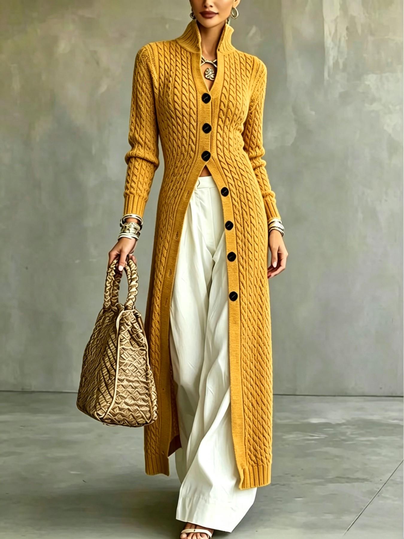 Women's Cable Knit Long Cardigan, Stand Collar Single Button Fall Winter Commute Jacket, Slim Fit Elegant Outerwear for Daily Wear Knitwear