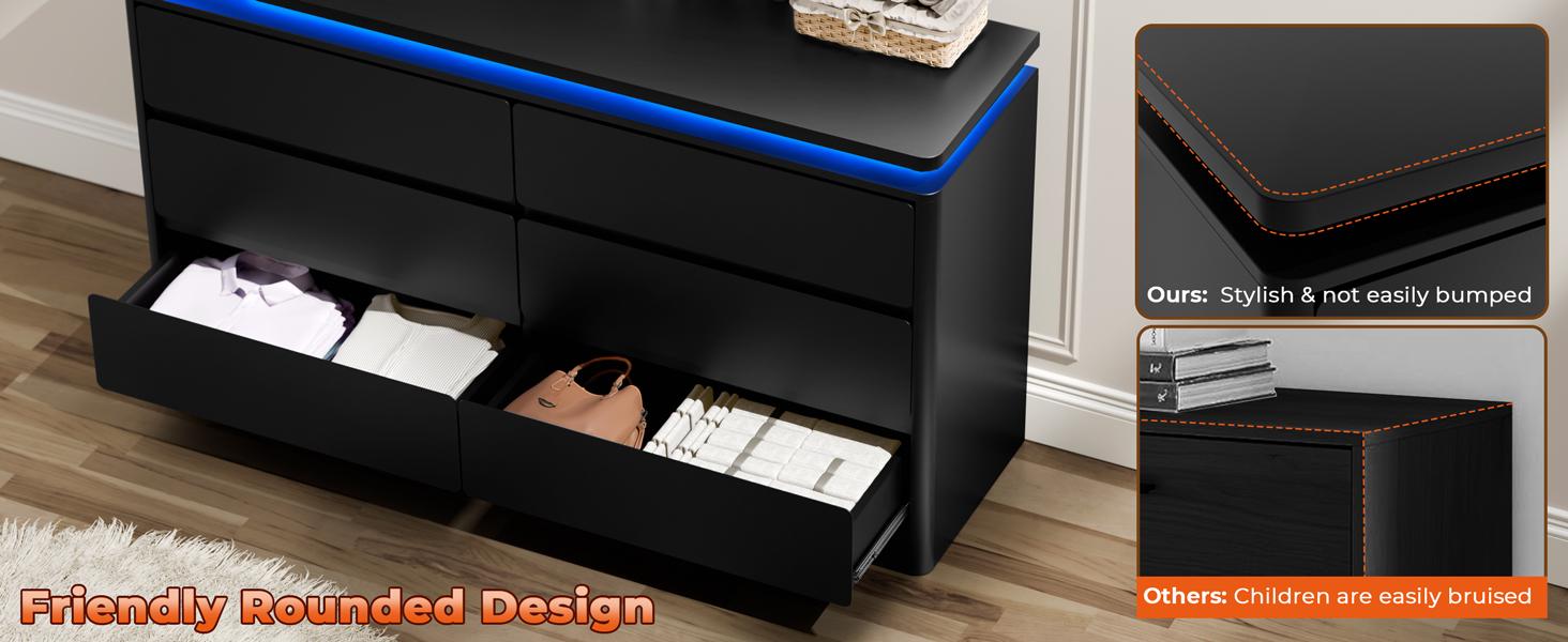 Modern 6 Drawer Dresser with Power Outlet, LED Light, Modern Chest of Drawers for Closet, Double Wide Drawer Organizer Cabinet