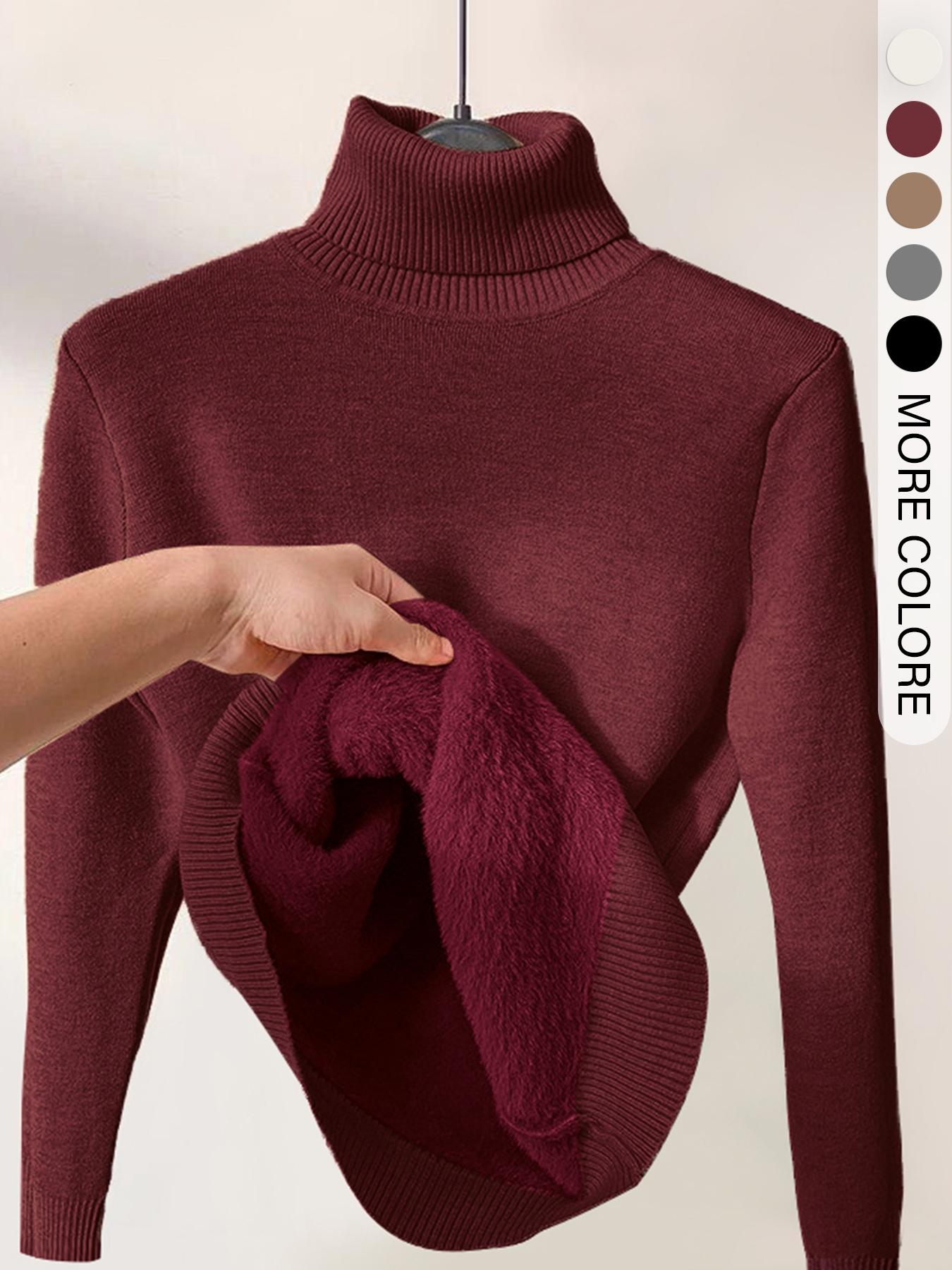 Women's Solid Thermal-Lined Drop- Shoulder High Neck Sweater, Casual Long Sleeve Jumper For Daily Outdoor Wear, Women's Knit Top for Fall & Winter