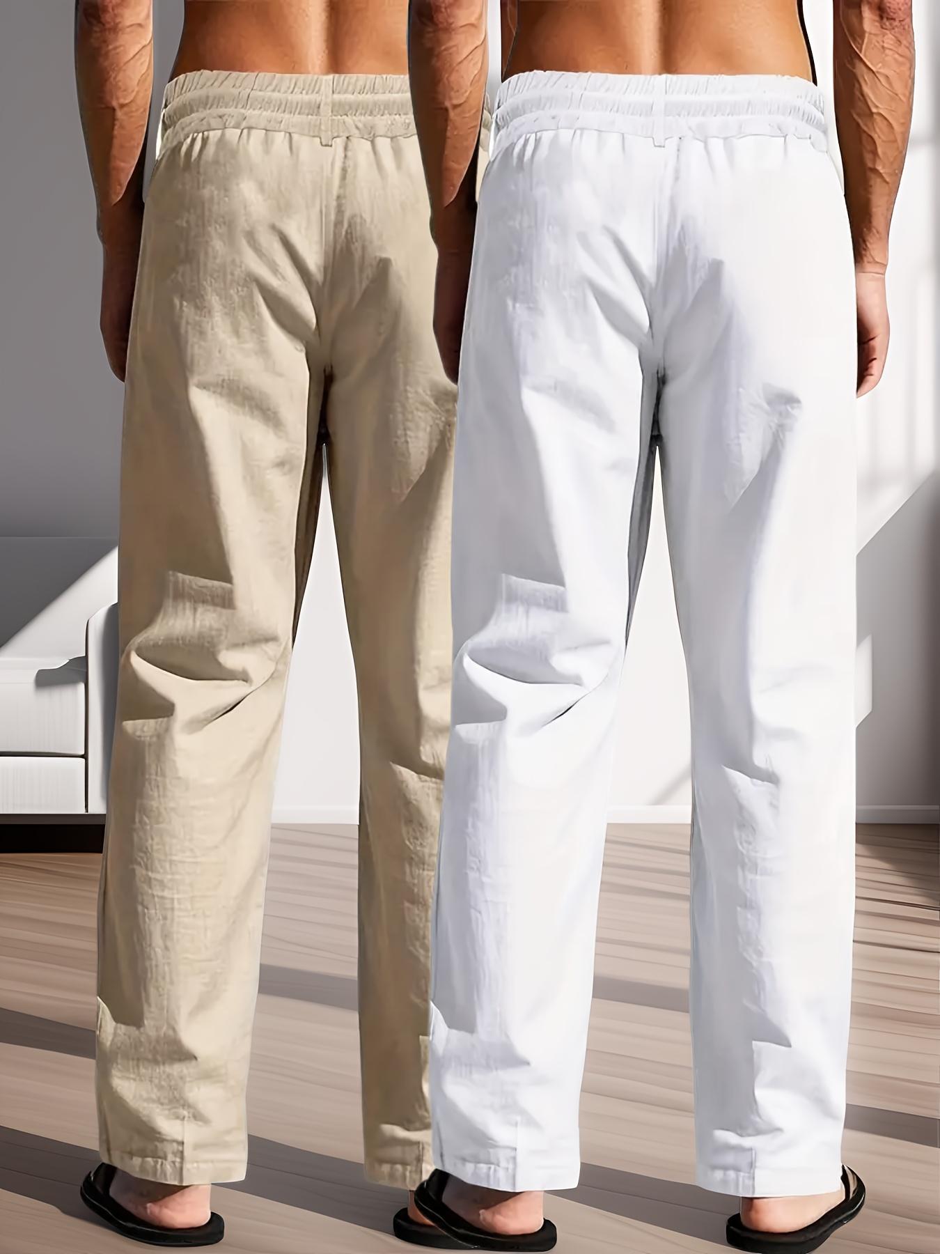 2 pieces men's plain-colored linen casual straight-leg pants, Casual Comfy Fashion, for spring, summer and autumn, with drawstring and faux buttons design, lightweight breathable, suitable for daily commuting, outdoor travel, fitness
