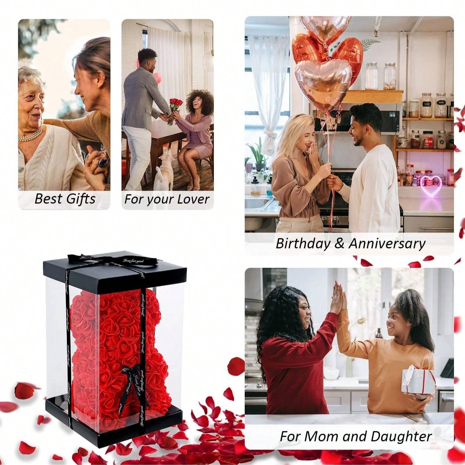 Rose Bear Valentine's Day Gift Set, Floral Teddy Bear with Box Balloon Card, Cute Romantic Love Christmas Wedding Birthday Decorations