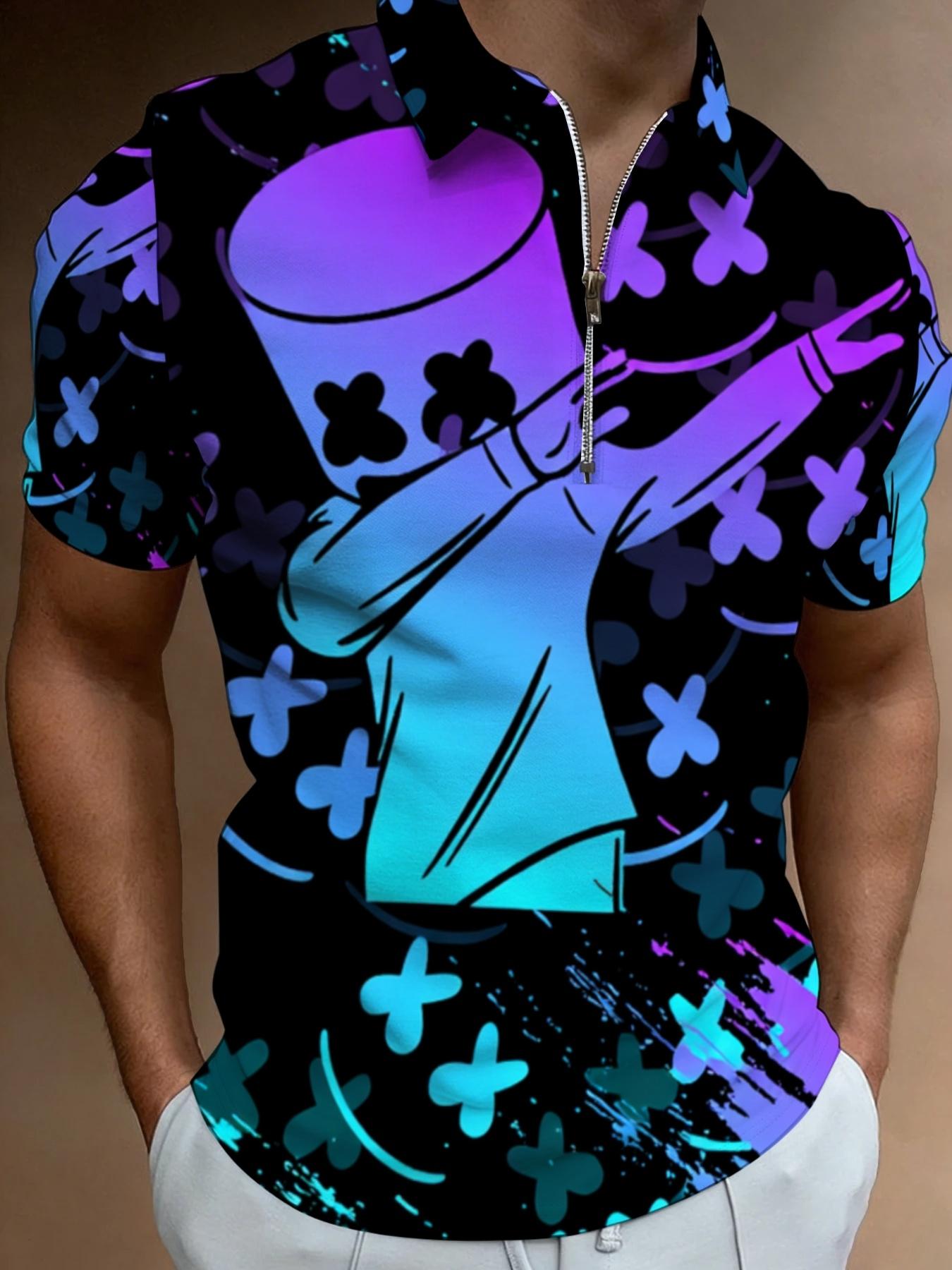 Trendy Printed Short Sleeve Polo Shirt for Men, Fashion Casual Summer Wear, Colorful Geometric Pattern Design, Front Zipper Beach Outfit Top