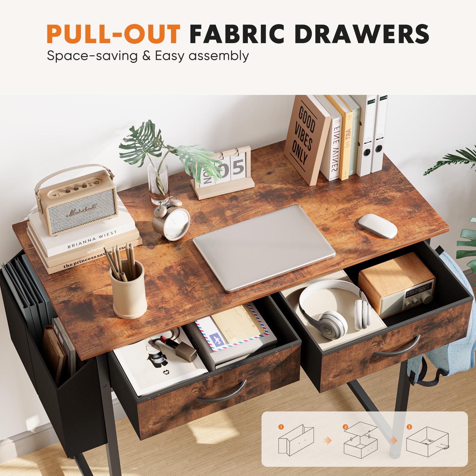 32/48In Computer Desk with Side Storage Bag and Headphone Hook, Home Office Study Writing Table with Adjustable Metal Frame for Bedroom Workspace Furniture Shelf Drawer Organizer