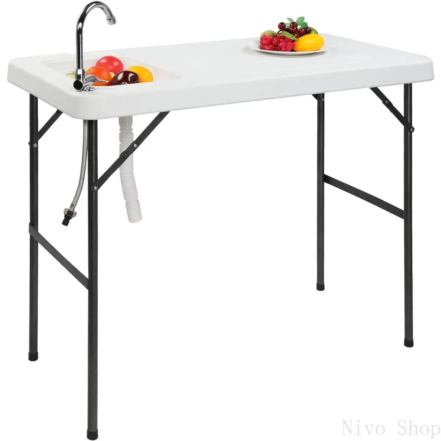 Fish Cleaning Table, Portable Folding Camping Table, 45" HDPE Outdoor Fish Cleaning Station with Sink, 360° Stainless Steel Faucet, Drainage Hose, Working platform for Camping, Food Handling Summervibes