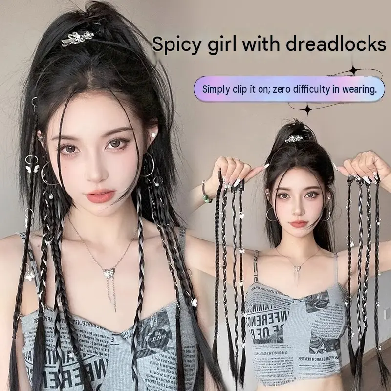 Y2K Baddie Clip in Braids Extensions Metallic Rings Butterfly Charms Clip-In Braided Hair Strand Synthetic Long Micro Braid Hairpiece for Women Music Festival Party