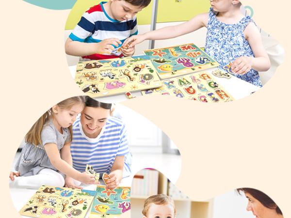 edutree 6pcs Wooden Peg Puzzles for Toddlers 1 2 3 4, 6 Pack Educational Peg Puzzles Montessori Toys, Learning Puzzles for Kids Girs Boys with Alphabet Number Animal Vehicle Shape, Halloween gift