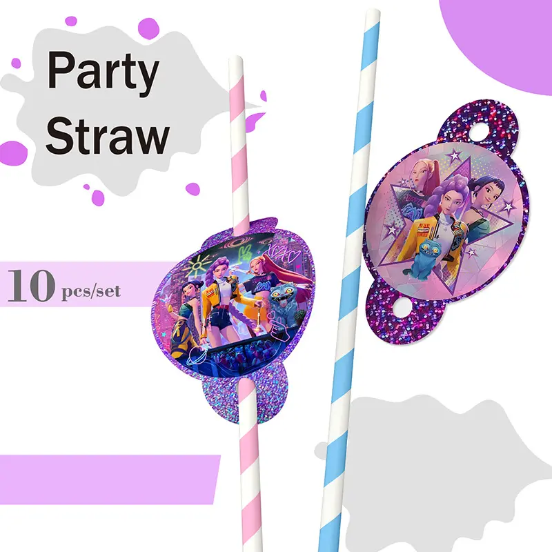 Party Straws, Kids Birthday Party Supplies, Reusable Drinking Straws, Cartoon Straw Toppers, 10Pcs Party Favors, Colorful Striped Straws, BPA-Free Plastic Straws, Themed Party Decorations, Girls Party Straws, Glitter Decor Straws