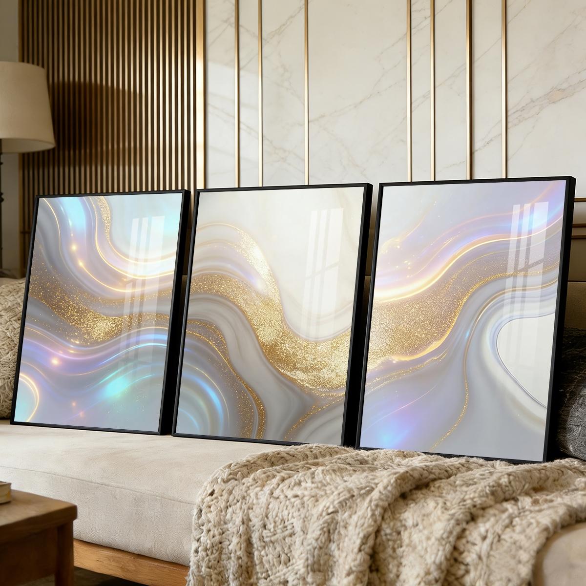 3 Counts Aluminum Alloy Framed Painting, Abstract Golden And Silver Fluid Art Pattern, Home Decoration For Living Room, Bedroom, Office, Restaurant, Hallway Wall Decor, Odorless Print Artwork, Luxury Perfect Gift For Friends And Family