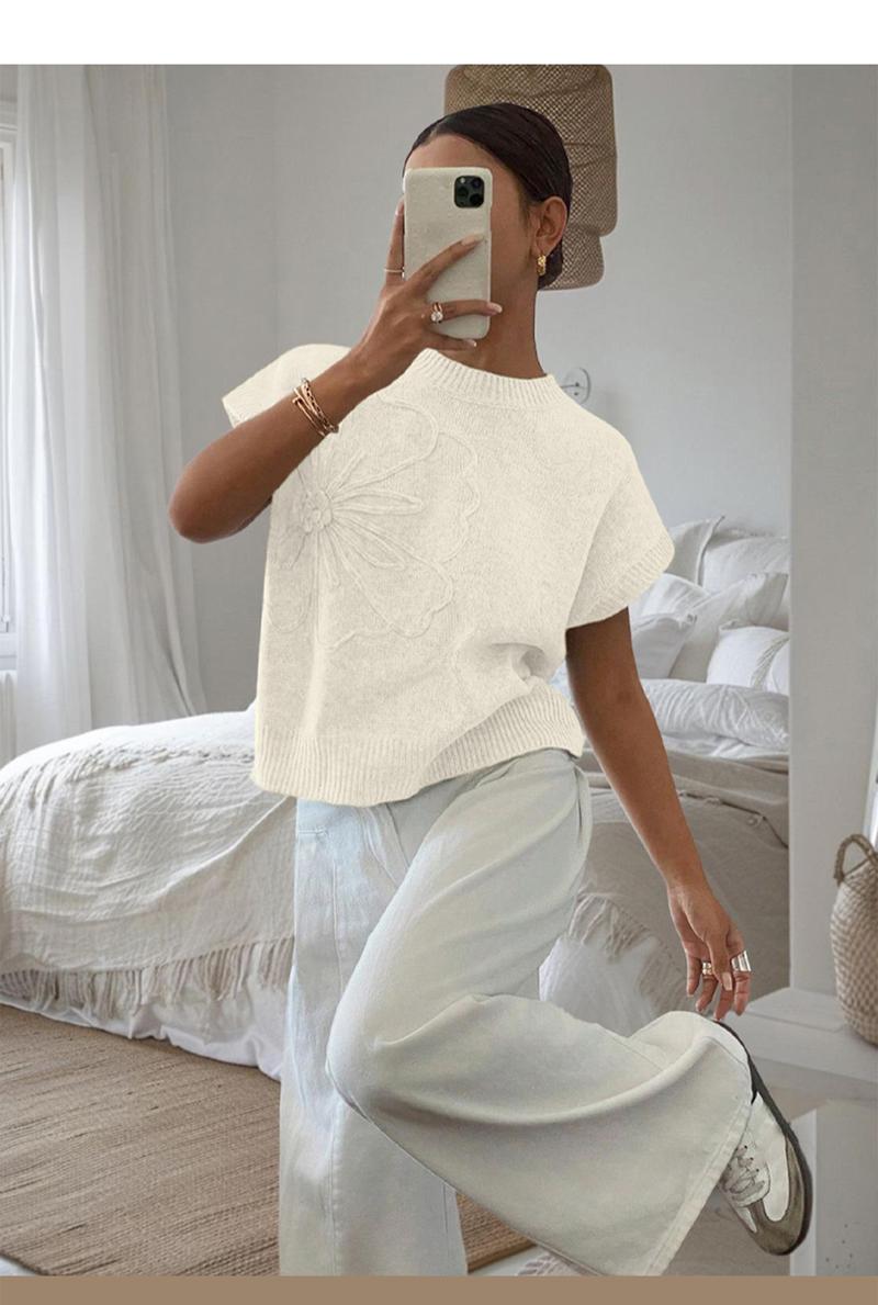 Women's Plain Flower Jacquard Semi-sheer Cable Knit Top, Casual Sleeveless V Neck Knitwear for Daily Wear, Ladies Clothes for All Seasons