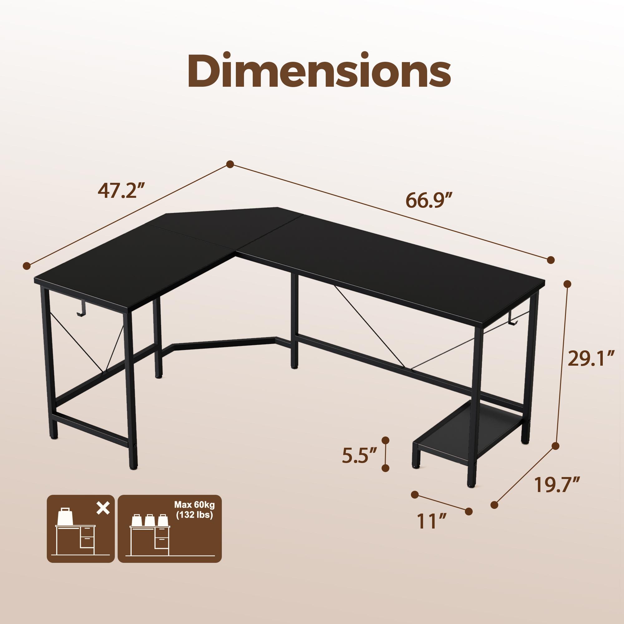 66.93 Inch L Shaped Desk for Home Office, Computer Desk, Corner Desk for Workstations, Gaming Table with Computer Tower Shelf and Hooks,Black