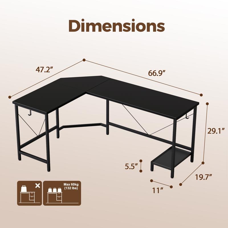 66.93 Inch L Shaped Desk for Home Office, Computer Desk, Corner Desk for Workstations, Gaming Table with Computer Tower Shelf and Hooks,Black