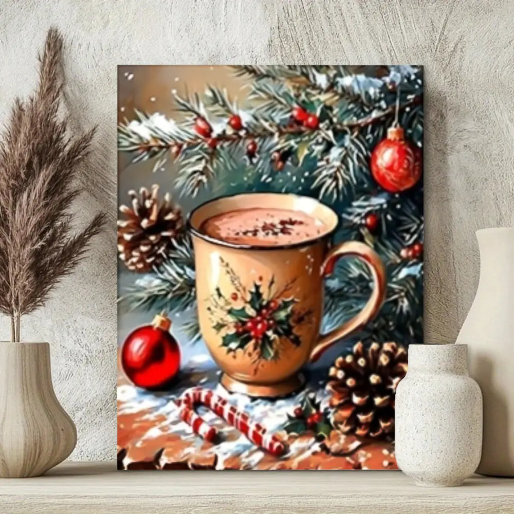 Christmas Winter Wonderland, Canvas Wall Art Print, Vintage Hot Cocoa Mug With Holly Berries And Candy Canes, High Definition Giclee Printing On Premium Cotton Canvas, Cozy Living Room Bedroom Holiday Decor, 1 Piece Unfr