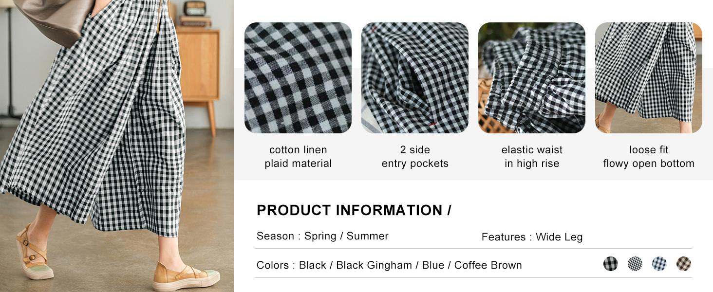 Chouyatou Women's Cotton Linen Pants Elastic Waist Plaid Gingham Wide Leg Capri Palazzo Pants SpringStatements