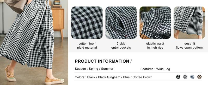 Chouyatou Women's Cotton Linen Pants Elastic Waist Plaid Gingham Wide Leg Capri Palazzo Pants
