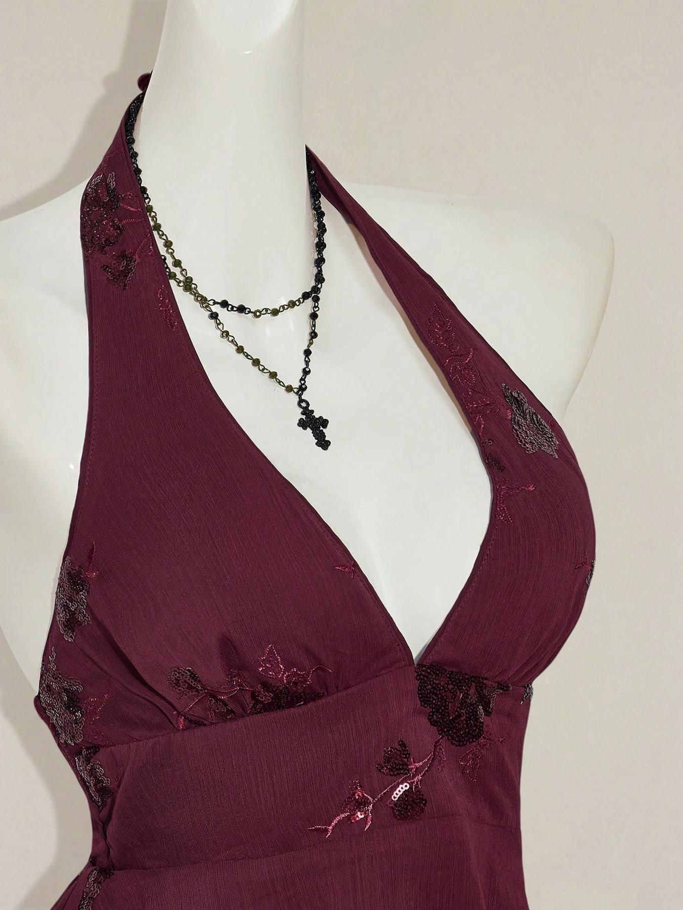 1 Piece Beaded Halter Tank Top | Euro-American Retro Vibe | Deep V Design + Sequin Beading | Elegant Pick for Dinner Parties / Wedding Guests