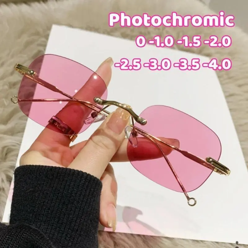2023 Blue Light Blocking Eye Protection Photochromic Myopia Glasses Frameless Eyewear Sensitive Color Changing Eyeglasses