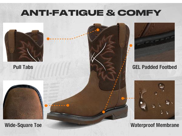 NINGO Men's Steel Toe Work Footwear - Waterproof Square Toe Cowboy Boots Walking Shoes Slip & Oil Resistant EH Rated for Construction Worker Closed Fasciitis steel toe shoes Bota Dark Brown