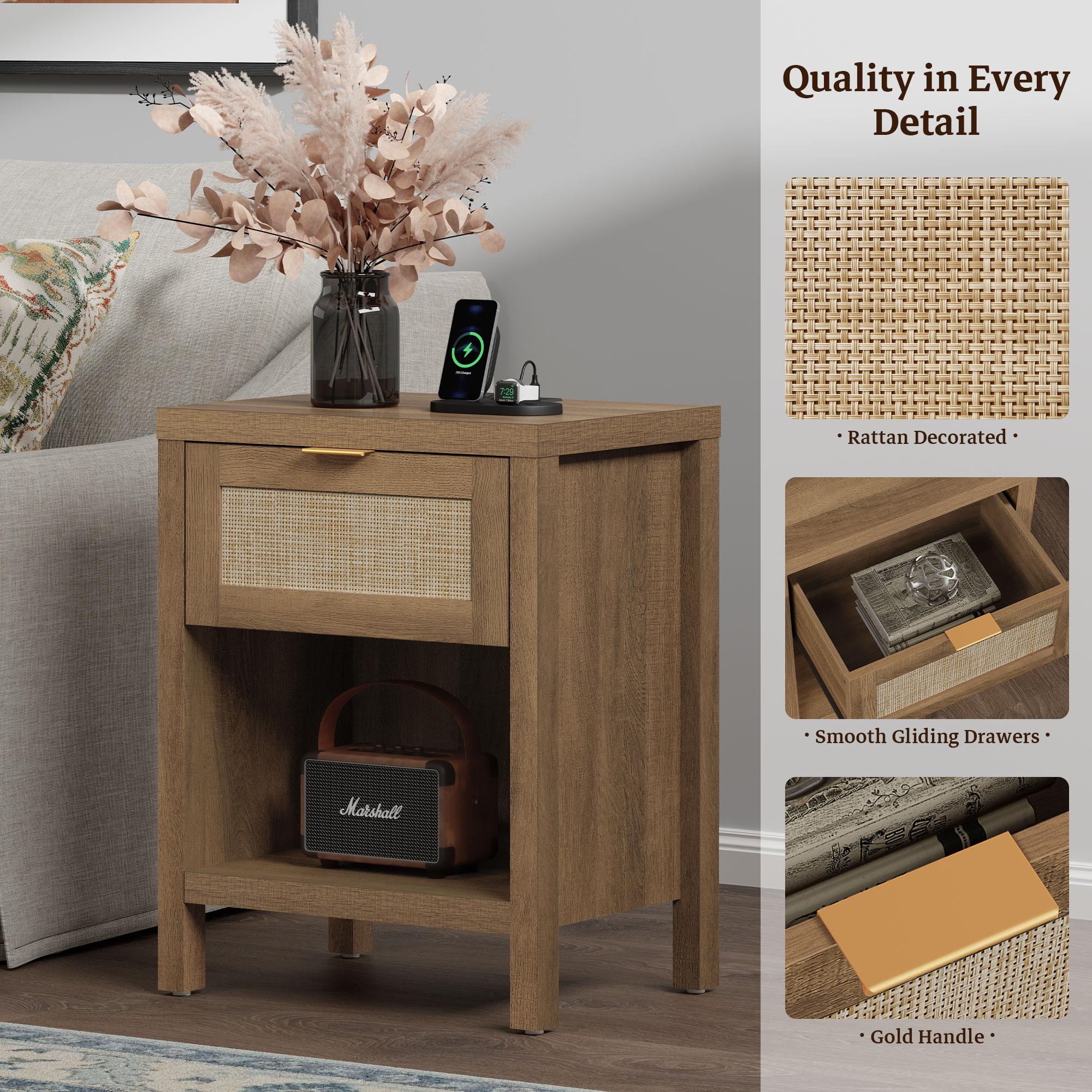 SICOTAS Rattan Nightstand Set of 2, 15"x 19.7"x 25.2" Size Farmhouse Night Stands with Charging Station Bedside Table with Drawer, Boho Bed Side End Table with USB and Type-C Ports for Small Space Bedroom Living Room, Easy Charging