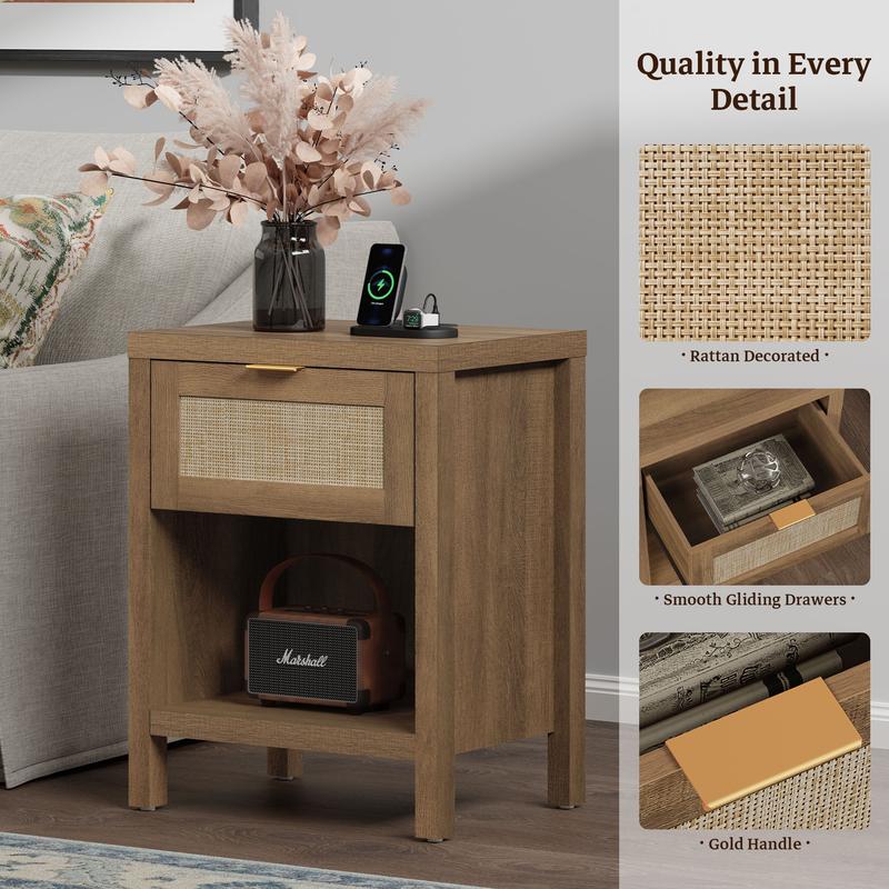 SICOTAS Rattan Nightstand Set of 2, 15"x 19.7"x 25.2" Size Farmhouse Night Stands with Charging Station Bedside Table with Drawer, Boho Bed Side End Table with USB and Type-C Ports for Small Space Bedroom Living Room, Easy Charging