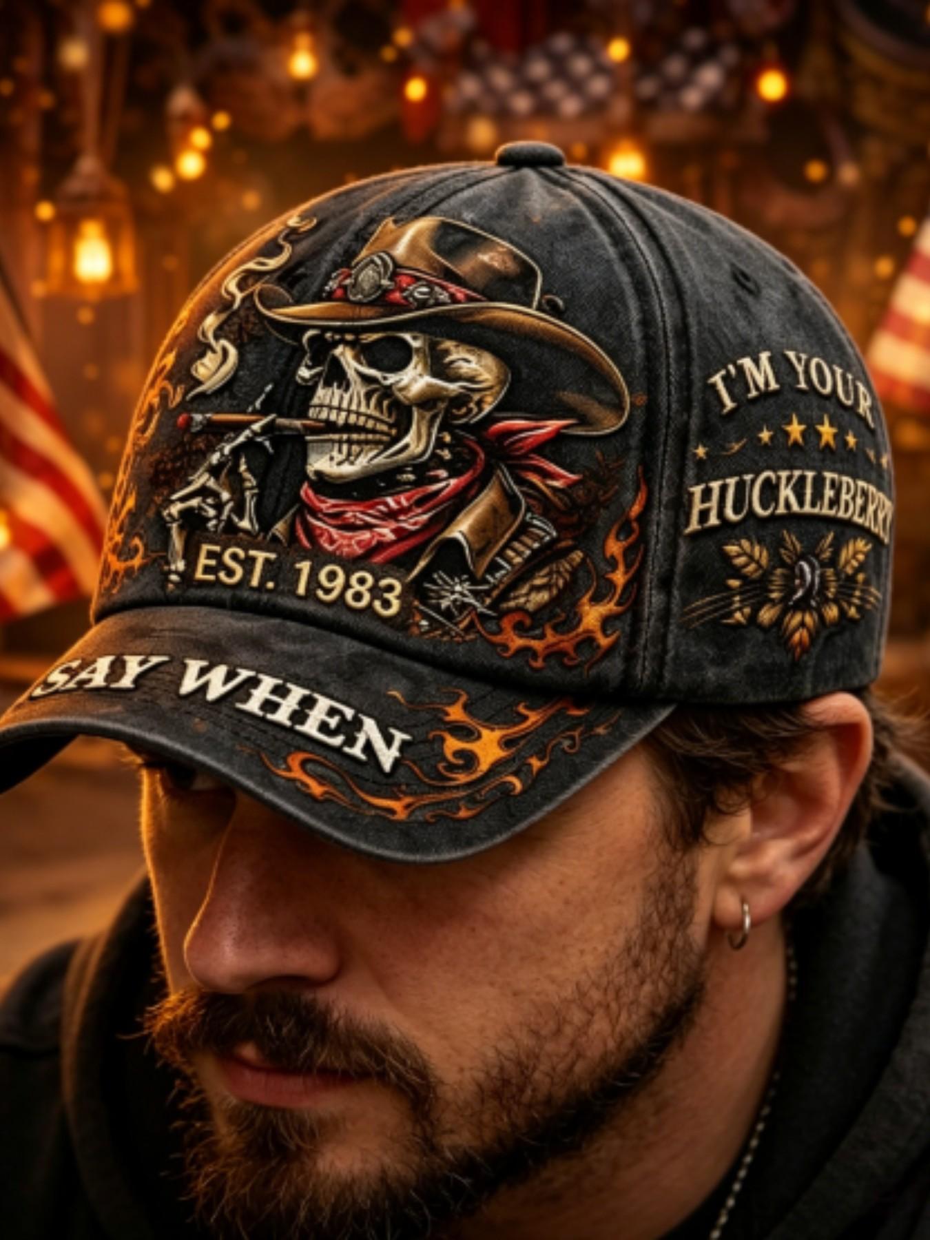"Say When I'm Your Huckleberry" Letter & Flame Pattern Baseball Cap, Vintage Washed Design, Men's Western Theme Outdoor Cap, Casual Style, Graphic Hat, Outdoor Hats