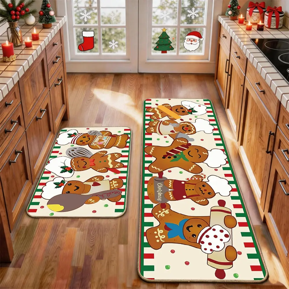 2 Pcs Christmas Kitchen Rug Mat Gingerbread Man Tree Santa Clause Snowflake Red Black Floor Mat Set Farmhouse Kitchen Rug Non Slip Restaurant Floor Dining Room Laundry Room Decor Carpet Mat Winter Decor Home Decor Rug
