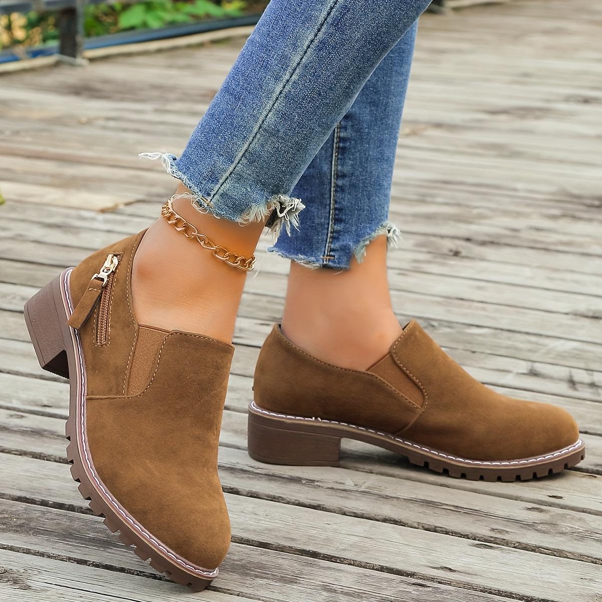 Comfortable Low Heel Ankle Boots for Women, Elastic Side Slip-On Casual Shoes
