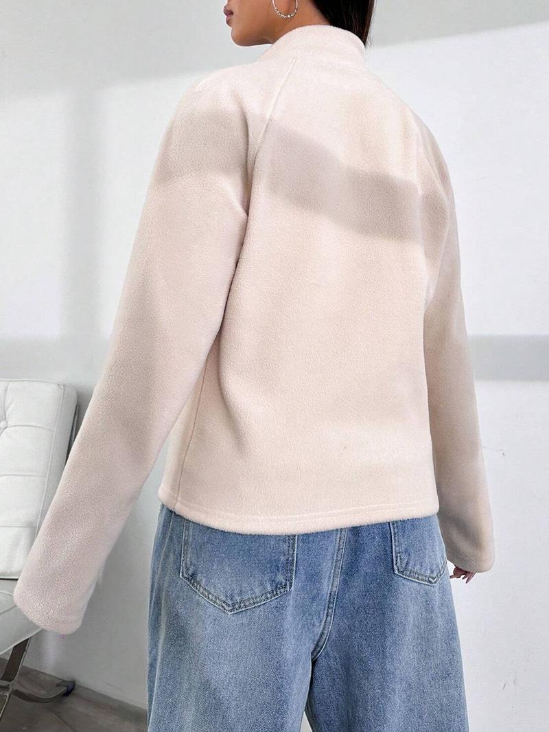 Women's Solid Raglan Sleeve Zip Up Polar Fleece Jacket, Casual Long Sleeve Stand Collar Outerwear for Spring & Fall, Ladies Clothes for Daily Wear