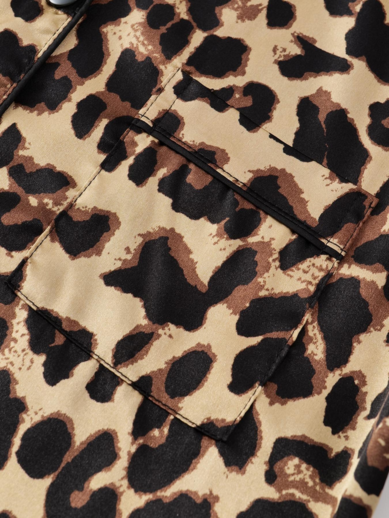 Women's Leopard Print Satin Pajama Set, Heart Jacquard Striped Sleepwear, Casual Fitted Short Sleeve Button Front Top & Elastic Pants