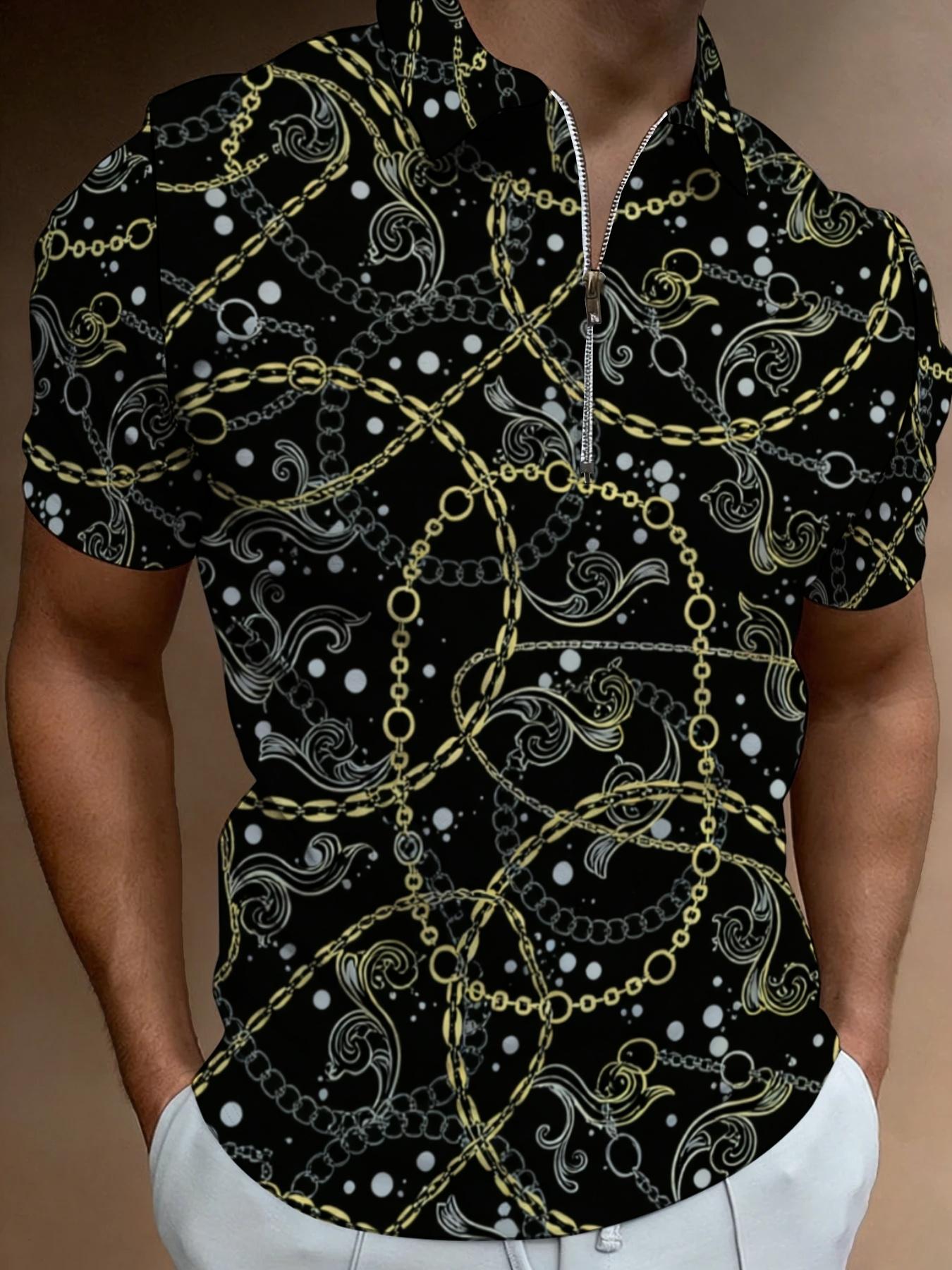 Men's Black Short Sleeve Zip Polo Shirt Gold Chain Pattern Print Fashion Casual Top