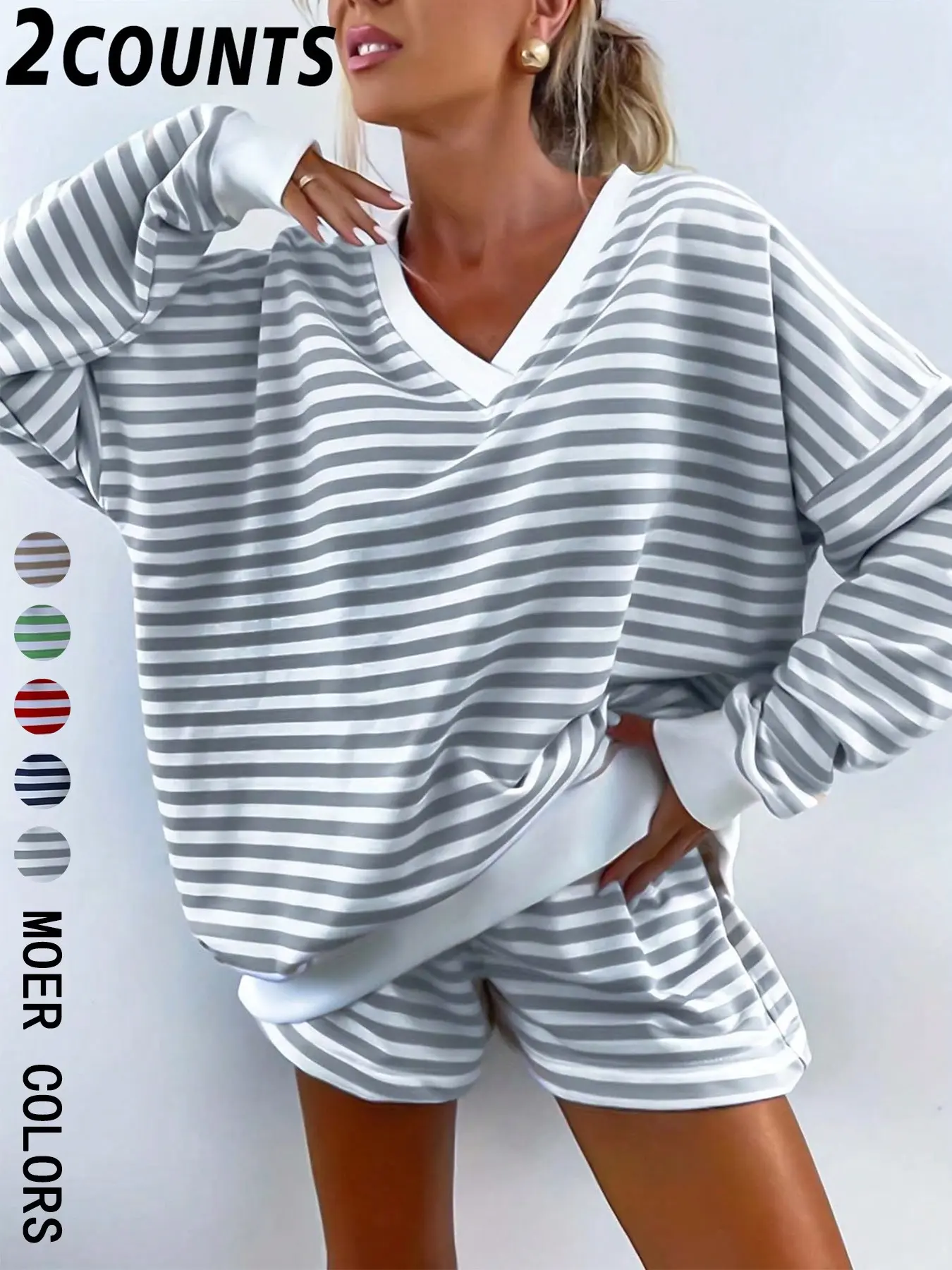 Women's Classic Striped Pajama Set, Long Sleeve Short Pants, V-Neck Design, Multiple Colors Available, Fashionable and Comfortable Sleepwear