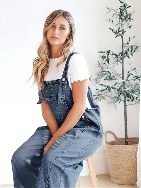 Women's Casual Loose-Fit Denim Overalls, Washed Distressed Design, All-Season Wearable Pantsuit for Daily & Dates