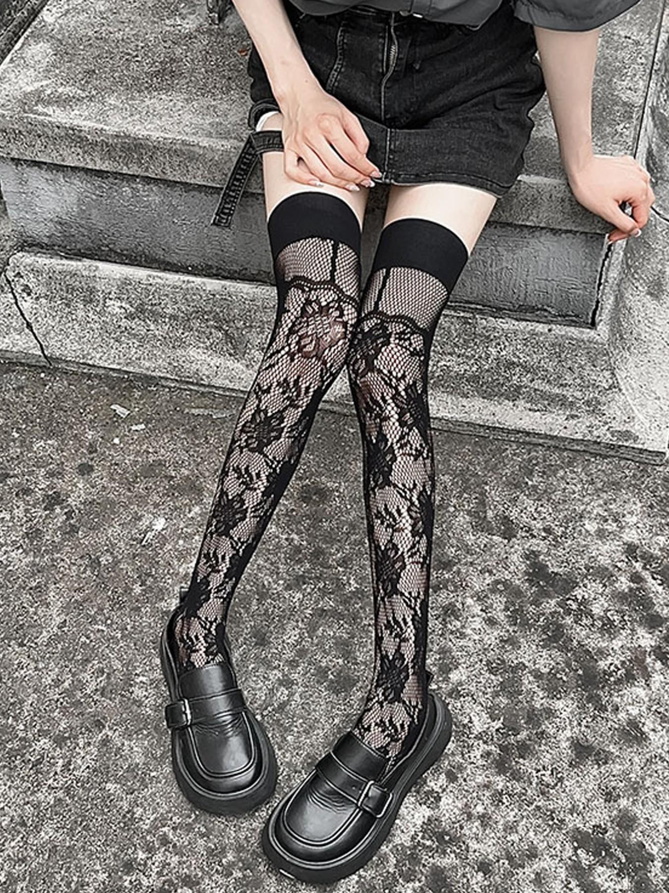 Lolita Sweet Lace Knee-High Socks, Long Tube Stockings, High-Cut Women's Socks, Elegant Fitted Design, Plain Pattern, Made in China