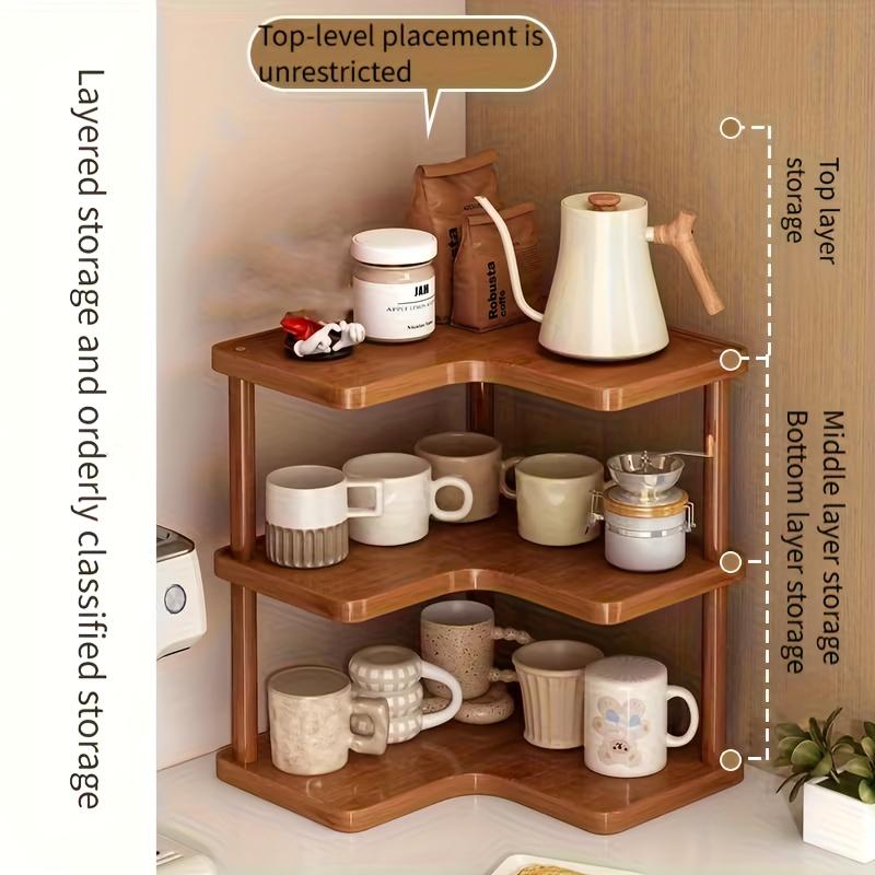 The triangular design fits into corner spaces for storage, and the multi-layer design efficiently stores coffee utensils, cups, kitchen sundries, etc Organiser