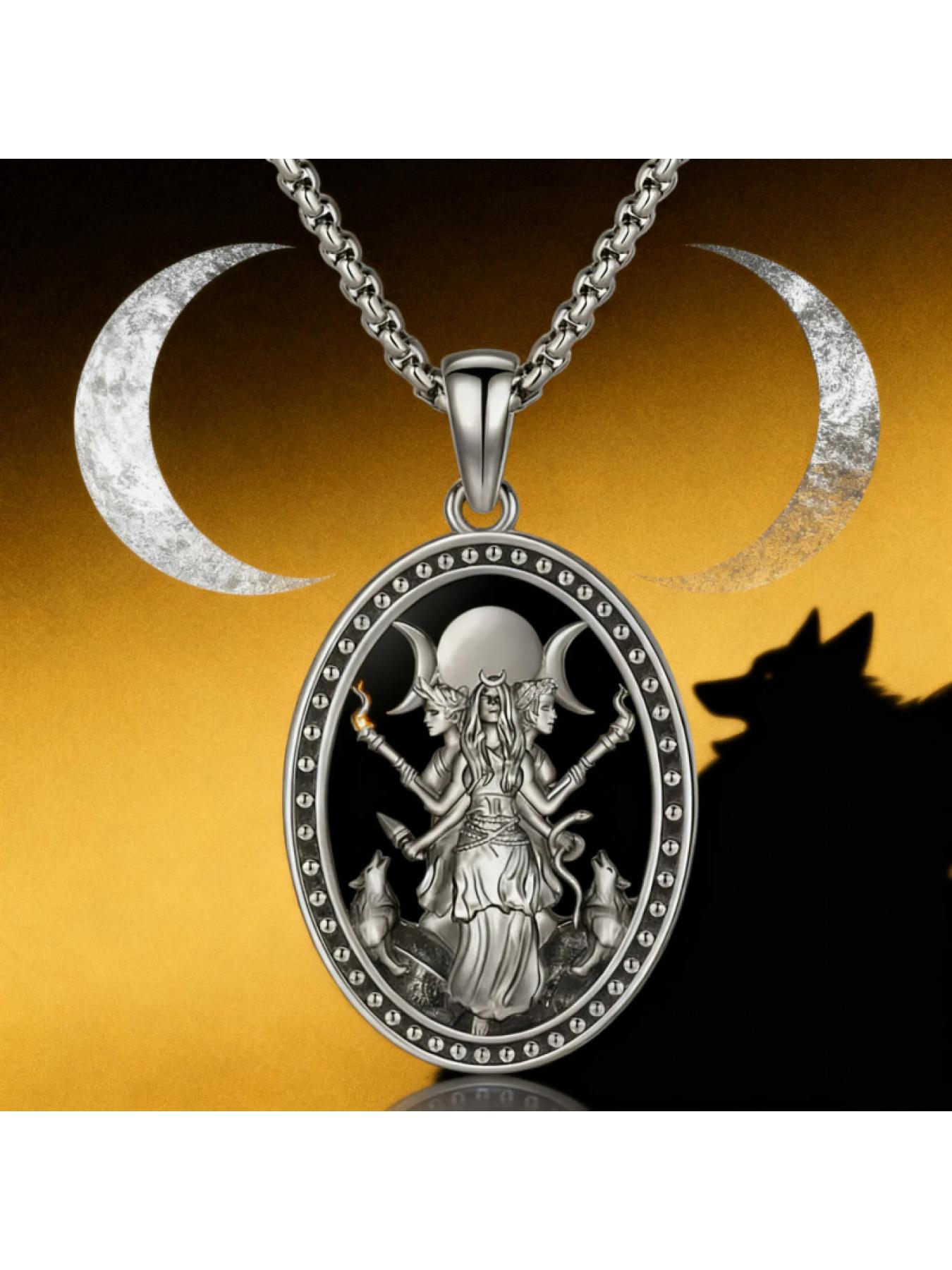 March Goddess Hecate Necklace, Silver Color Oval Pendant, Boho Style Witch Jewelry, Unisex Mystic Gift, All-Season Accessory