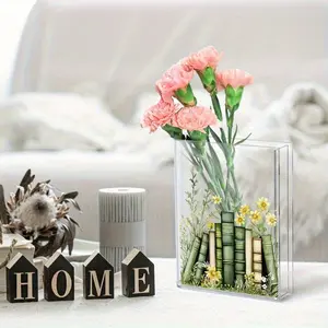 Acrylic Book-Shaped Vase, Transparent Material, Hand-Drawn Shelf Design, Elegant Home Decor, Perfect for Teacher's Day, Birthday, Christmas
