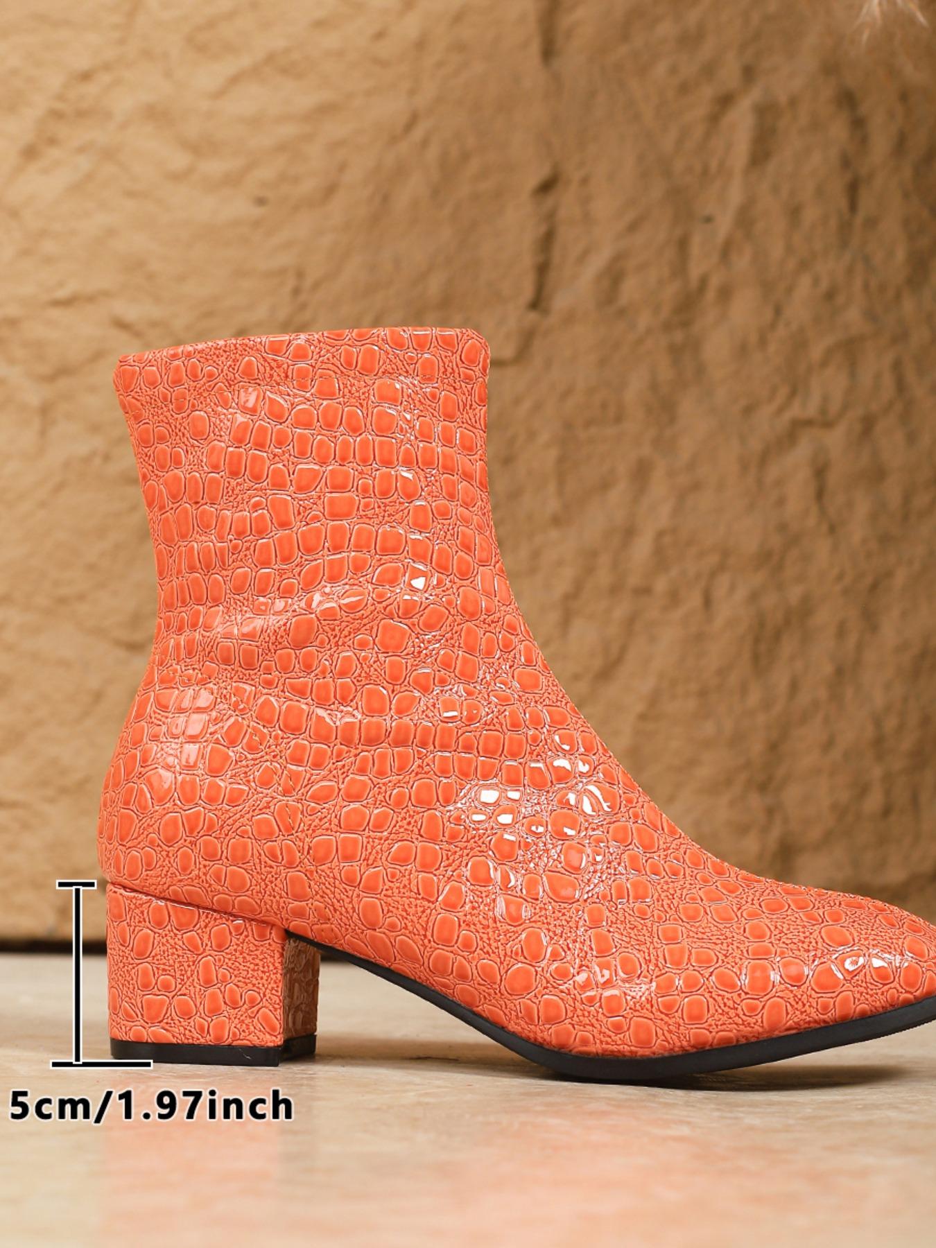 Multicolor Crocodile Pattern Square Toe Ankle Boots, Stylish Mid-Heel Side Zipper Chunky Heels for Fall & Winter, Vintage Fashion Shoes for Casual Outings, Rubber