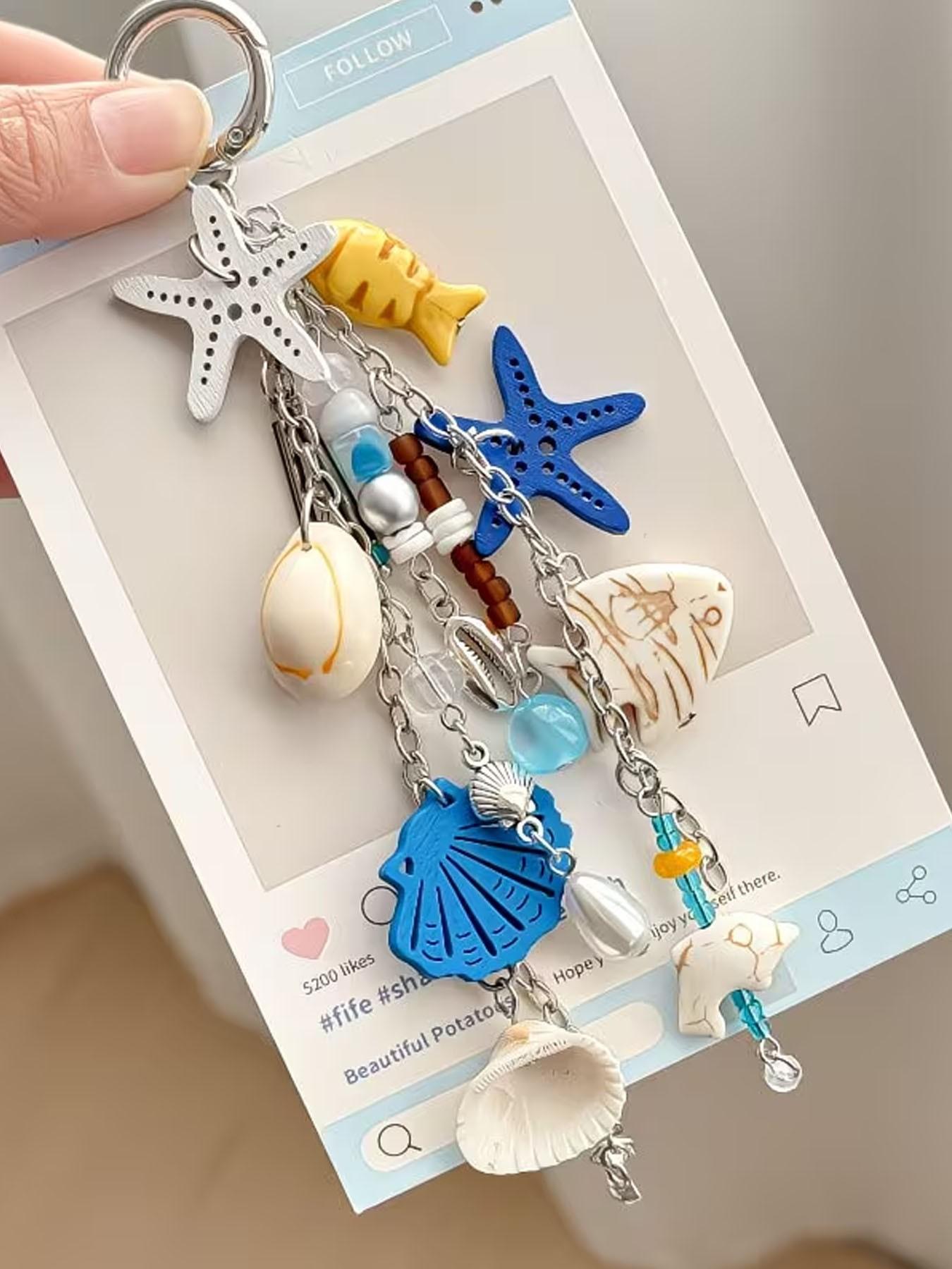 1pc New Starfish Keychain, Ocean Style Multi-Charm Keychain, Starfish Shell Fish-Shaped Beaded Combination, Full of Atmosphere, Versatile And Practical, Niche High-End Vacation Style Bag Charm, Ocean Series Ornaments