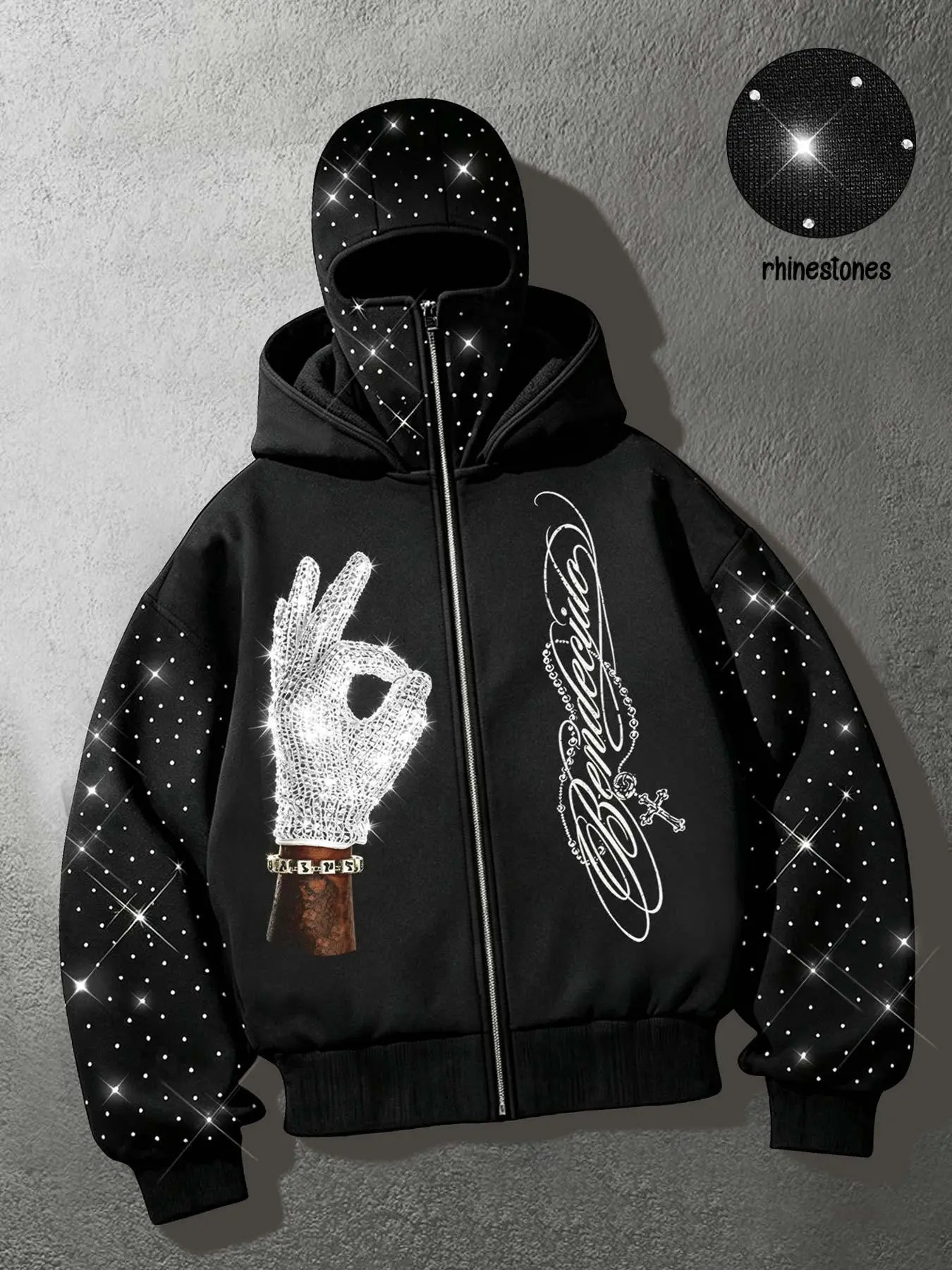 Men's American high-street zip-up hoodie featuring a dual-layer balaclava hood, rhinestone-embellished sleeves, and a sparkling "OK" hand sign print with stylized lettering and cross motifs; a hip-hop style street-fashion Casual cardigan jacket.