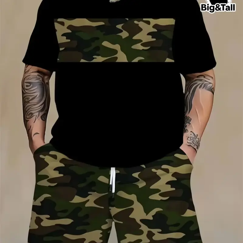 Men's 3D Digital Print Camo Camouflage Short Sleeve Shorts Set, Comfy Summer Sets, Outfit, Large Size Men's Clothing, Menswear, Modern Style, Casual, Loose-Fitting, All Seasons