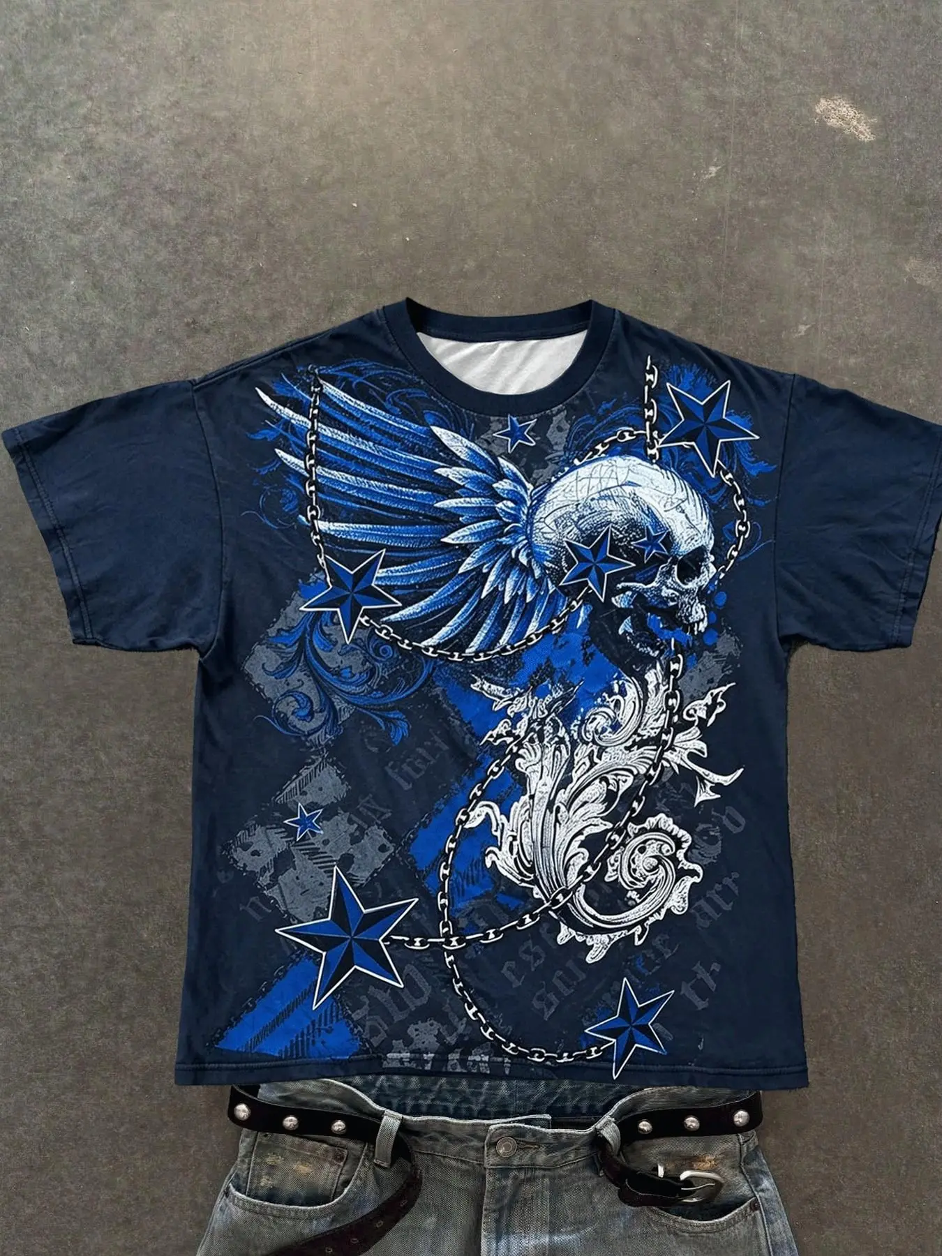 Men's Navy Blue Skull Wings Star Print T-Shirt, Cool Graphic Tee, Streetwear Oversized Crew Neck Top, Y2K Grunge Rock Aesthetic & Vintage Design, Versatile Casual Daily Tee for Men